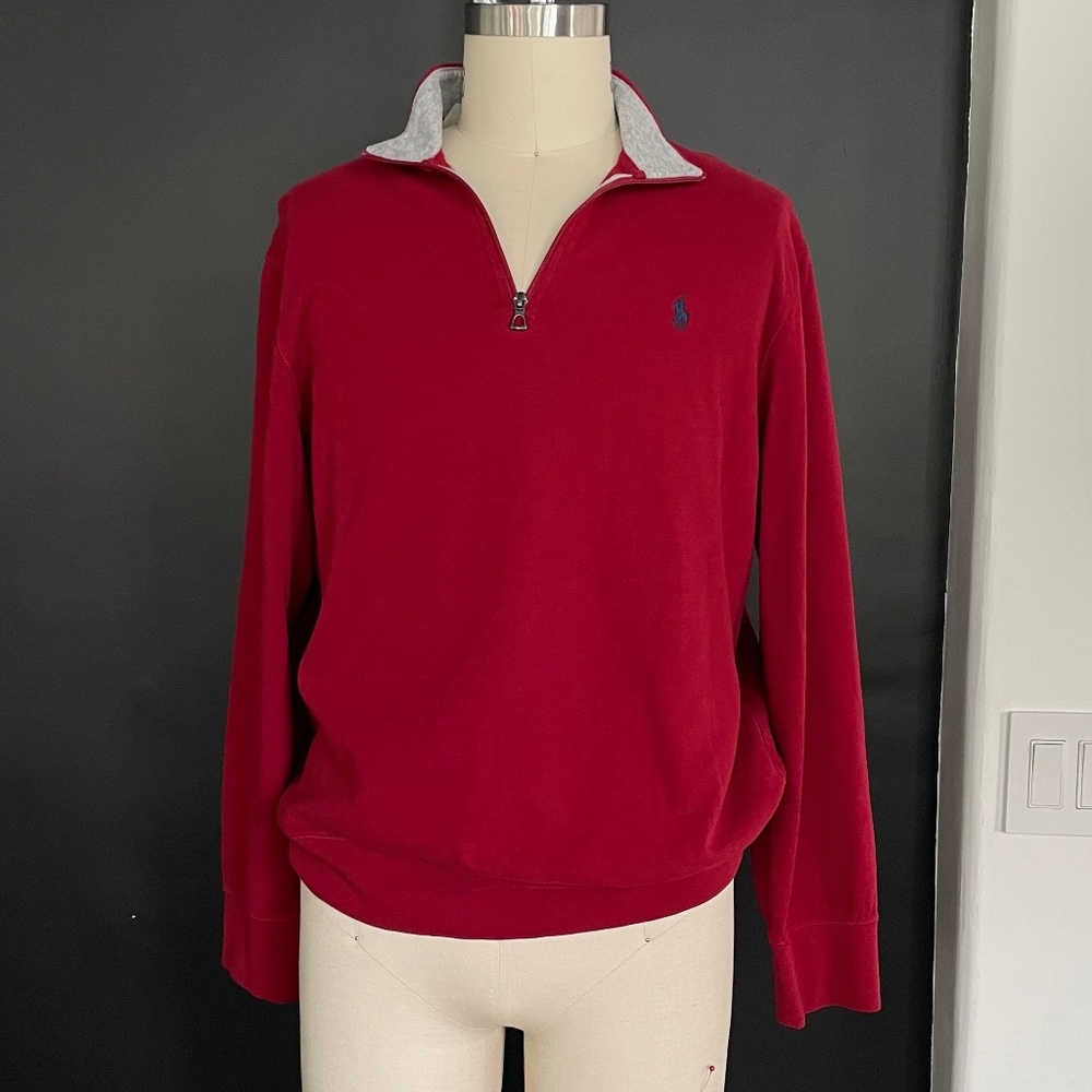 Polo Ralph Lauren Red Cotton Men's Pullover Polo with half Zip, Lg.